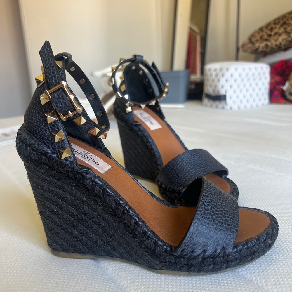 Valentino Rockstud Espadrille Wedge Sandal in Navy Blue